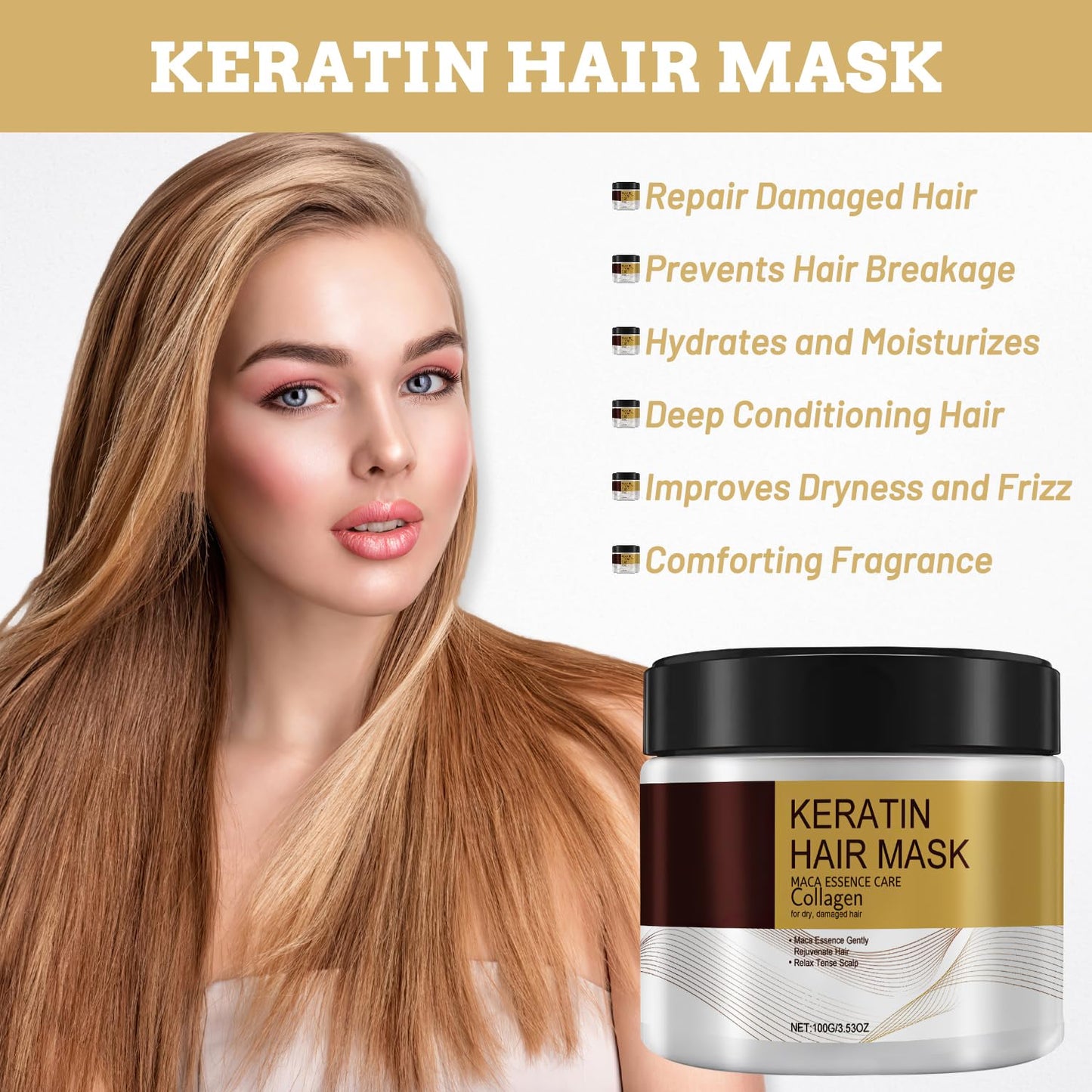 Collagen Hair Mask for Damaged Hair, Argan Oil, 100Ml, 2 Pcs, Deep Repair, Keratin Protein & Coconut Oil, for All Hair Types