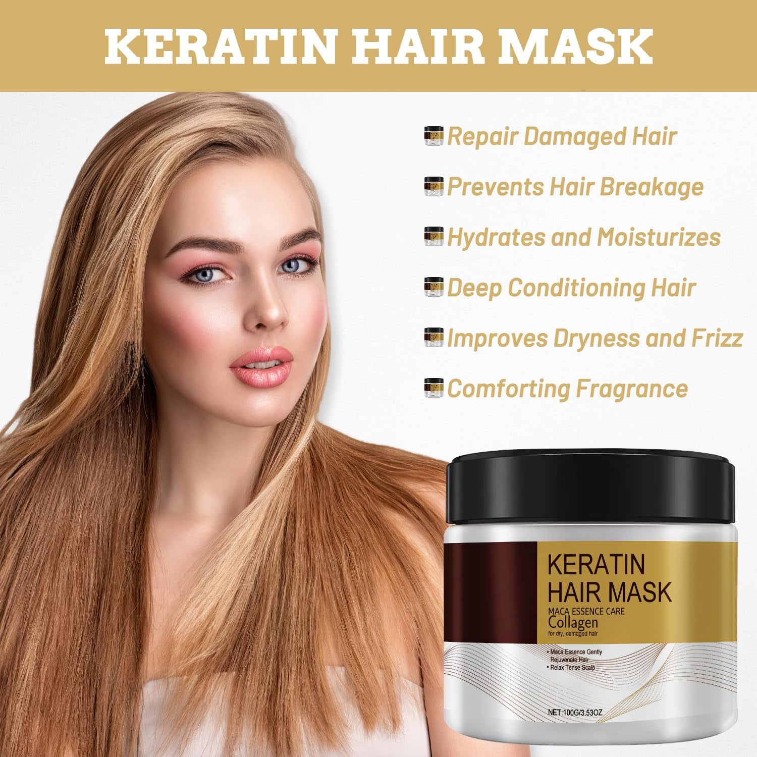 Collagen Hair Mask for Damaged Hair, Argan Oil, 100Ml, 2 Pcs, Deep Repair, Keratin Protein & Coconut Oil, for All Hair Types