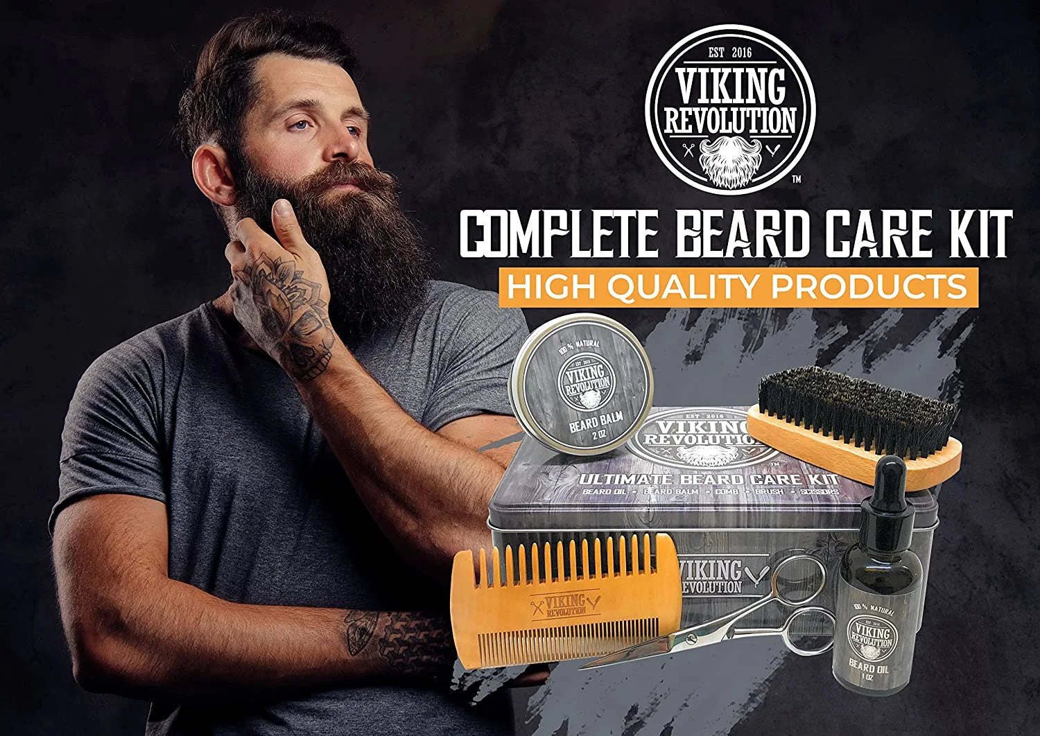 Beard Care Kit for Men - Beard Brush, Wooden Comb, Beard Balm, Beard Oil, Beard & Mustache Scissors