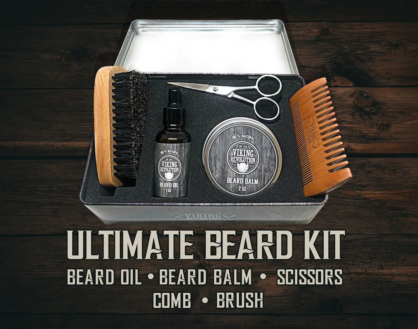 Beard Care Kit for Men - Beard Brush, Wooden Comb, Beard Balm, Beard Oil, Beard & Mustache Scissors