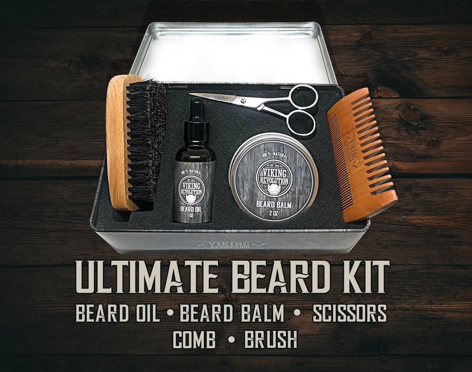 Beard Care Kit for Men - Beard Brush, Wooden Comb, Beard Balm, Beard Oil, Beard & Mustache Scissors