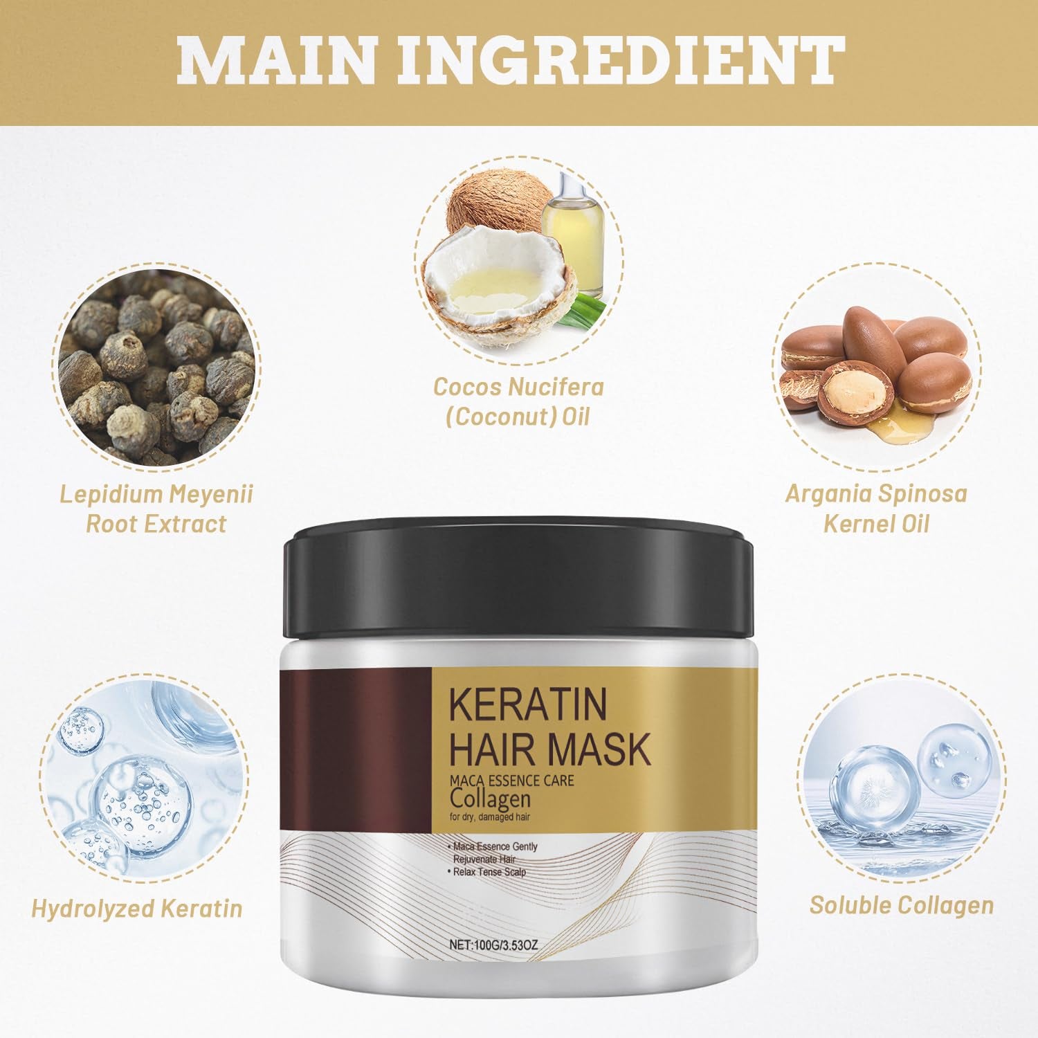 Collagen Hair Mask for Damaged Hair, Argan Oil, 100Ml, 2 Pcs, Deep Repair, Keratin Protein & Coconut Oil, for All Hair Types