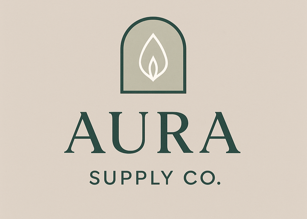 Aura Supply Co. logo with a leaf design on a beige background