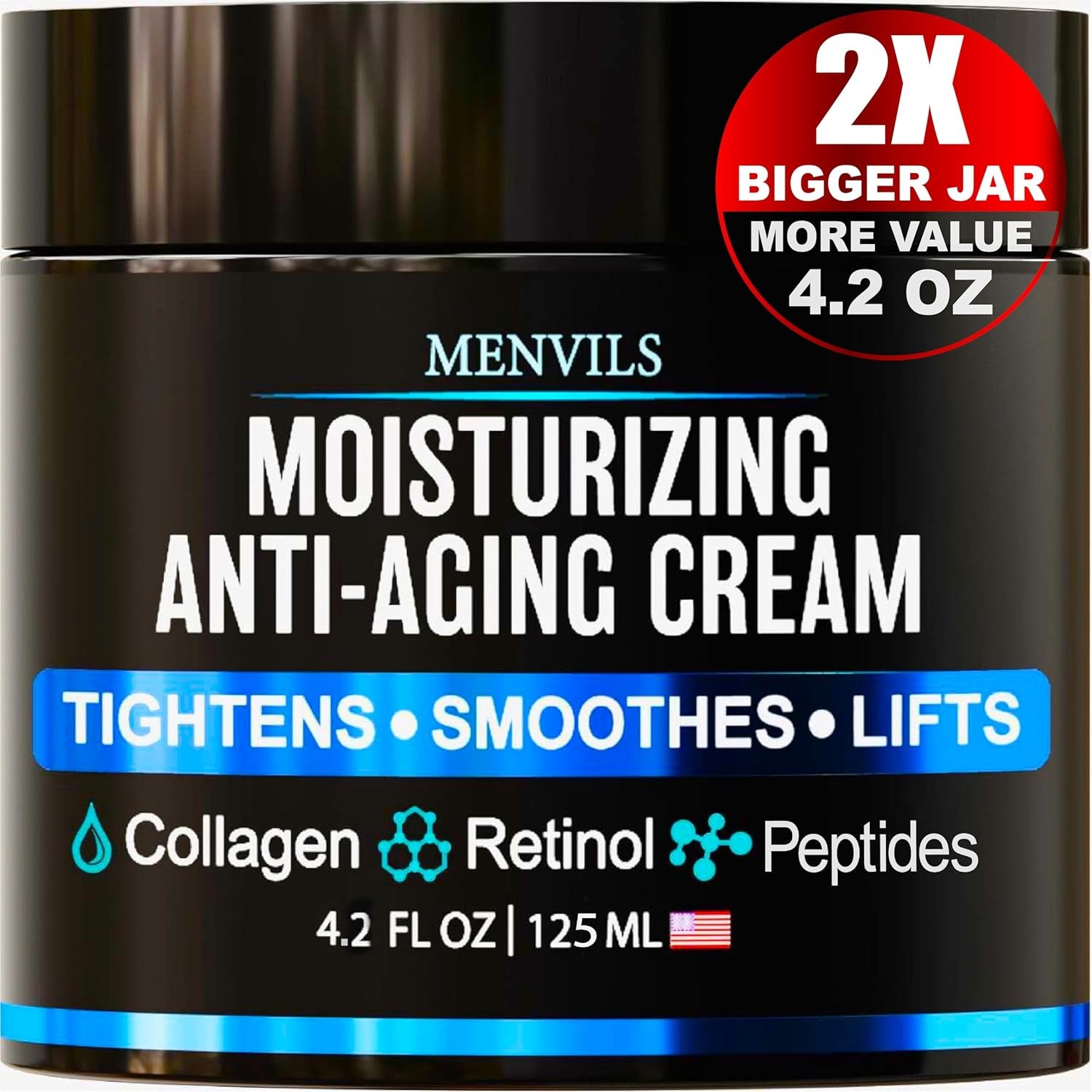Mens Face Moisturizer Cream - anti Aging & Wrinkle Cream - Face Moisturizer for Men with Collagen, Retinol, Peptides, Jojoba Oil - Facial Skin Care & Eye Lotion - Day & Night - 4.2 OZ