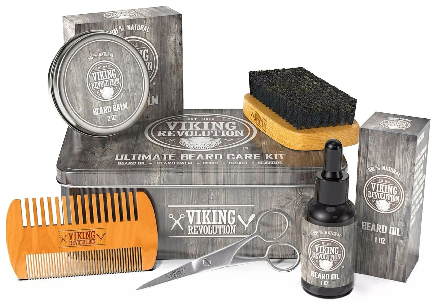 Beard Care Kit for Men - Beard Brush, Wooden Comb, Beard Balm, Beard Oil, Beard & Mustache Scissors